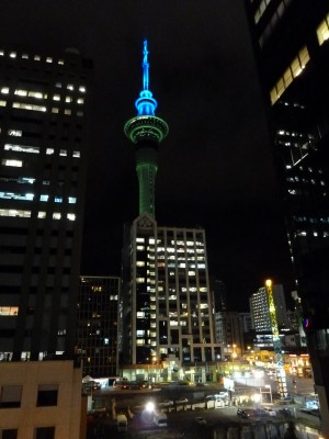 Auckland by night et la Skycity (des sauts sont organisés depuis la plateforme)