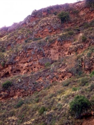 La falaise est percée de trous : les tombes incas